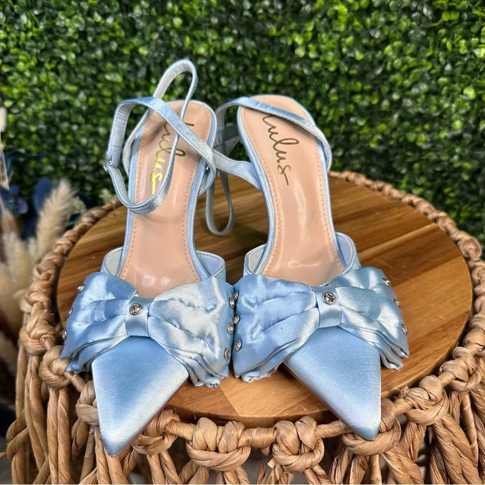 Lulus‎ baby Blue Satin Heels with studded Bow